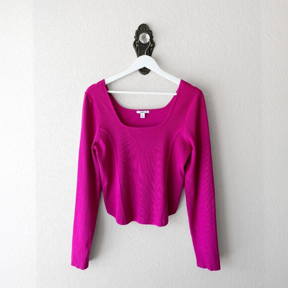 Bar III Tops - Bar III Crop Top Size Large Hot Pink Long Sleeve Square Neck Stretch Knit